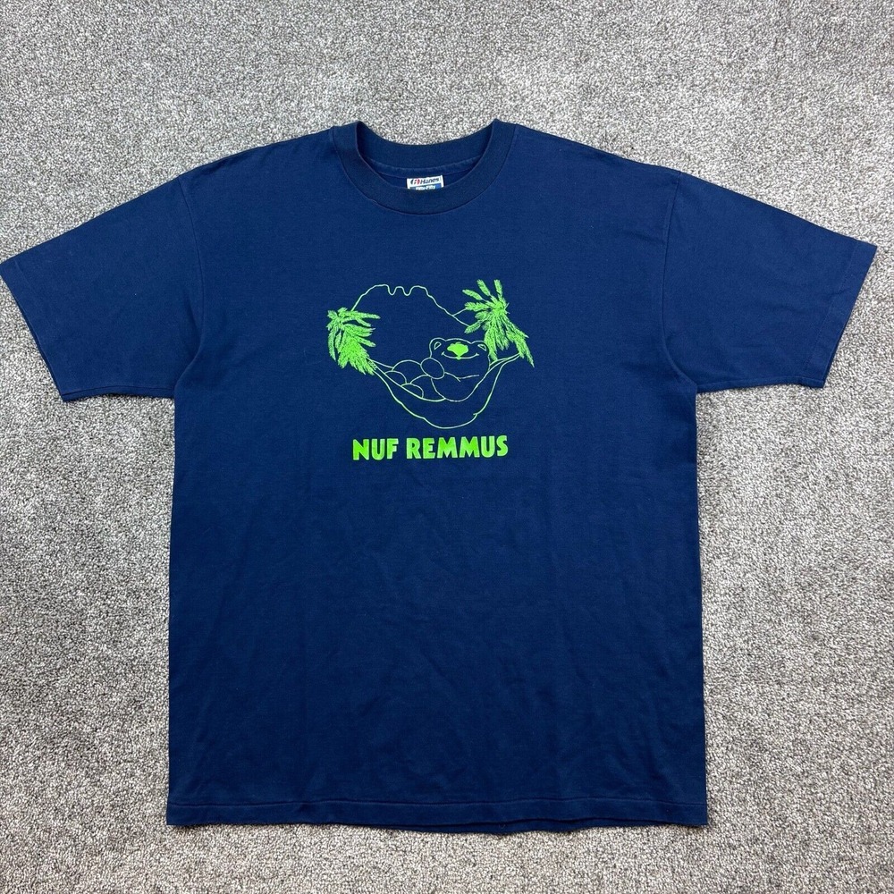 Vintage 80s Summer Fun Shirt‎ Mens XL Navy Blue  Palm Tree Hammock Nuf Remmus